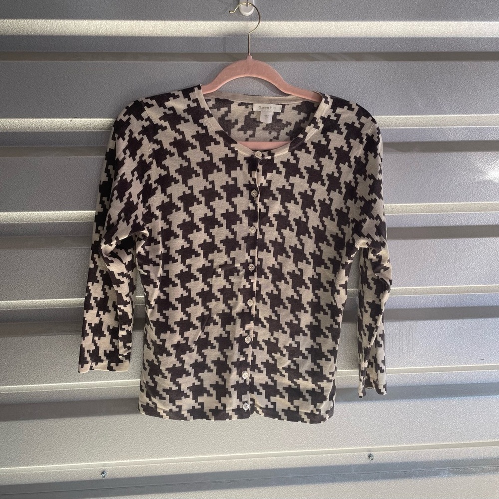 Garnet Hill eco merino cardigan in houndstooth